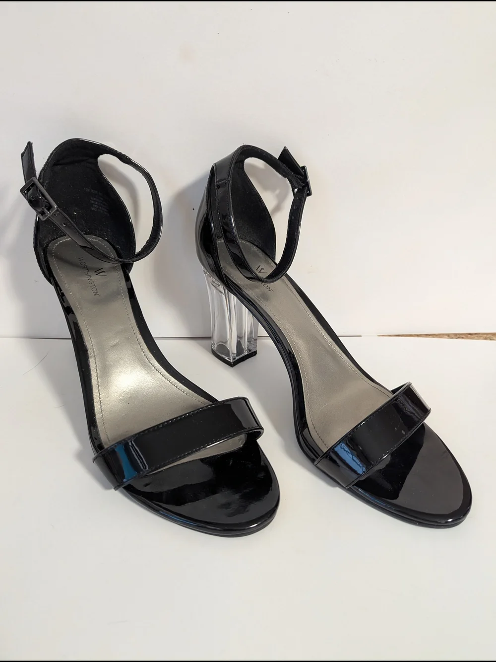 Worthington Black Patent Ankle-Strap Sandals with Clear Block Heel
